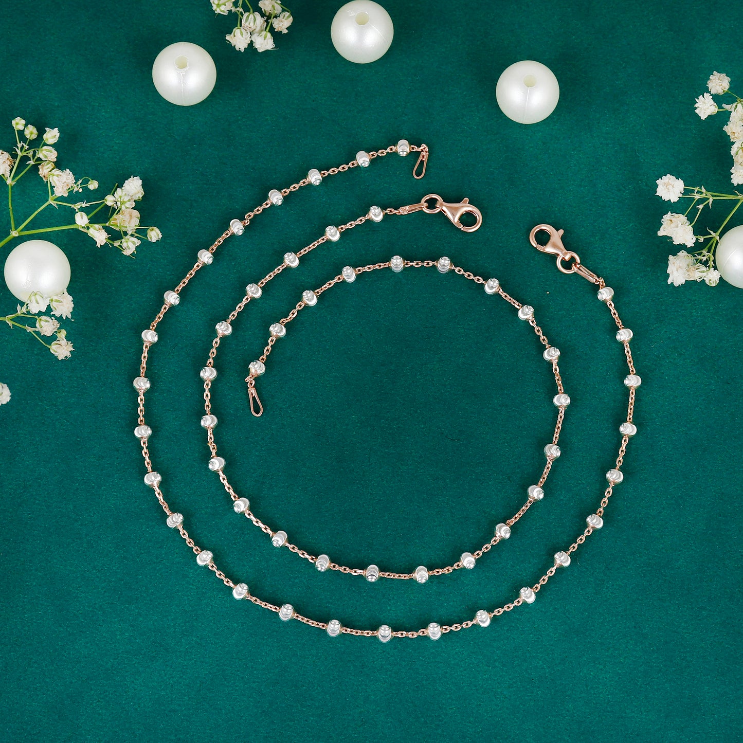 Rose Gold Pearl Beaded Sterling Silver Anklet