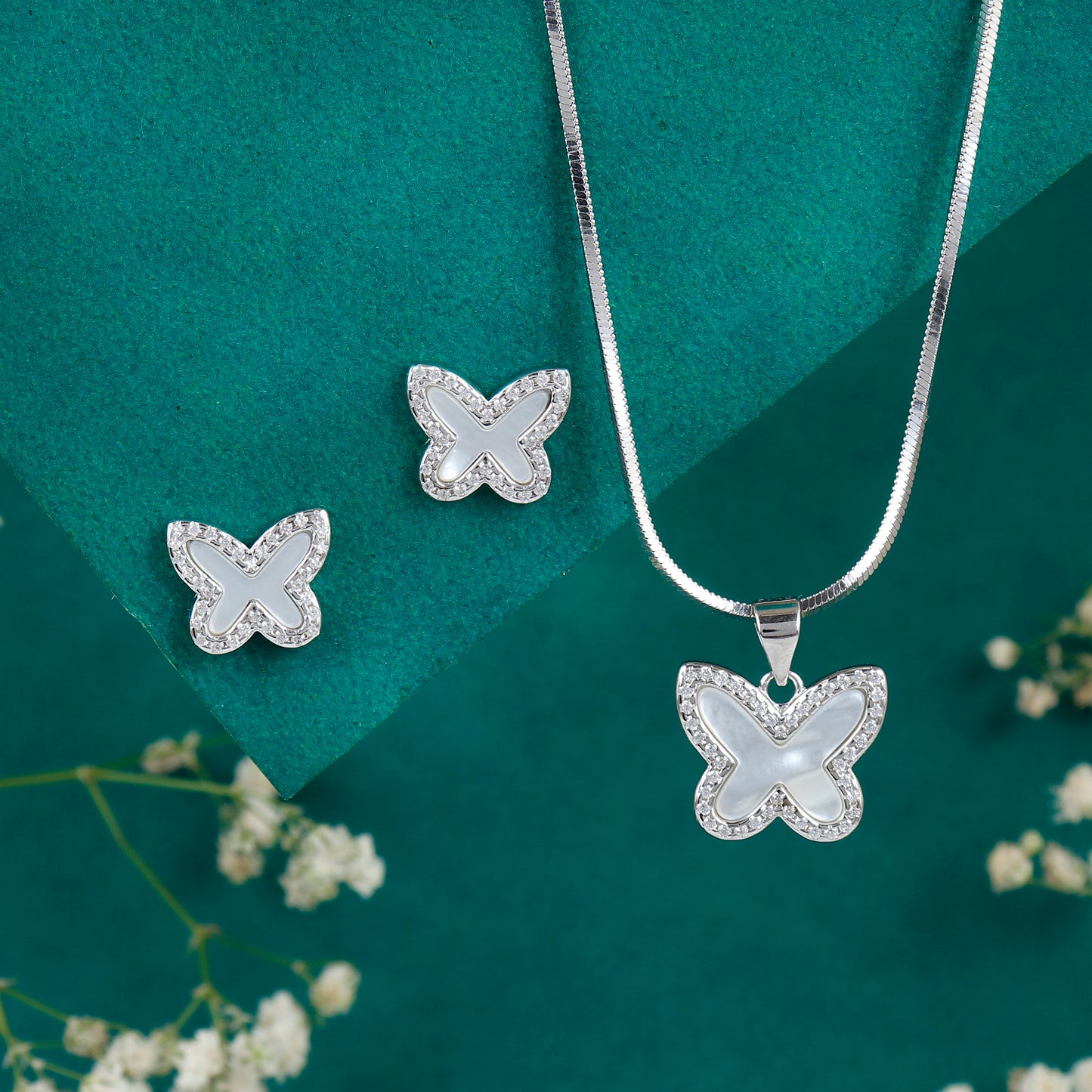 Butterfly Pendant Set (Mother of Pearl + CZ)