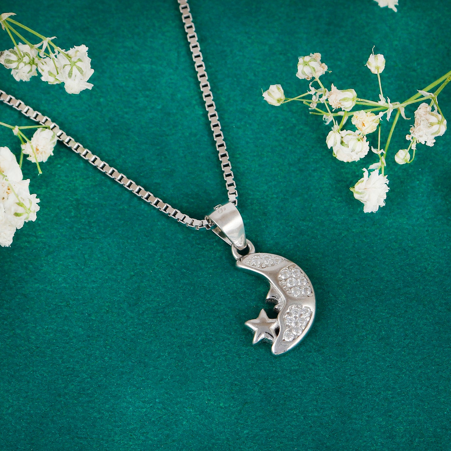 Crescent Moon & Star 925 Sterling Silver Pendant Necklace with CZ