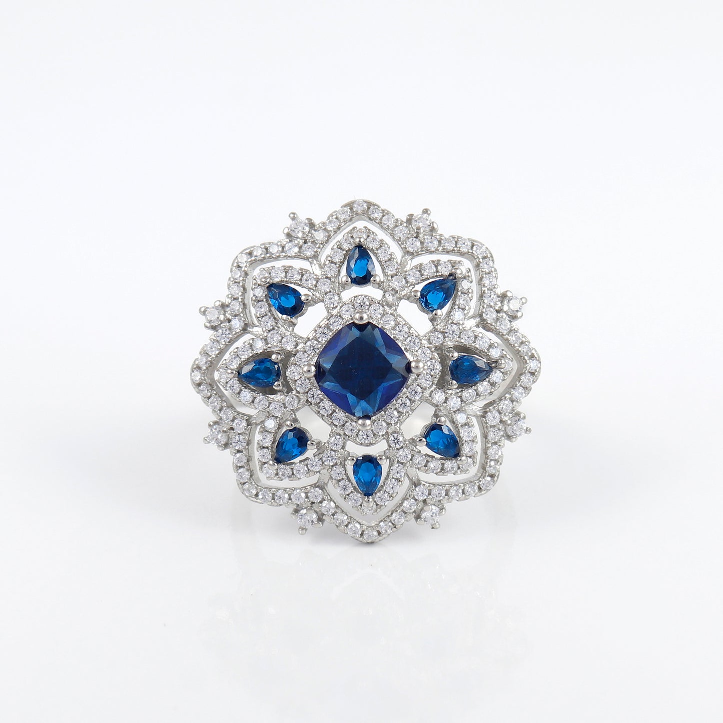 Silver Sapphire Flower Shaped Ring