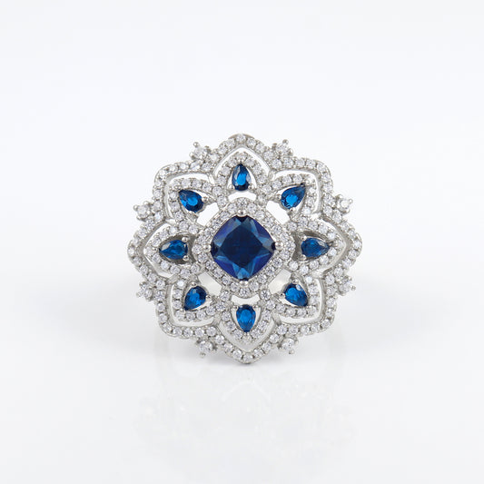 Silver Sapphire Flower Shaped Ring