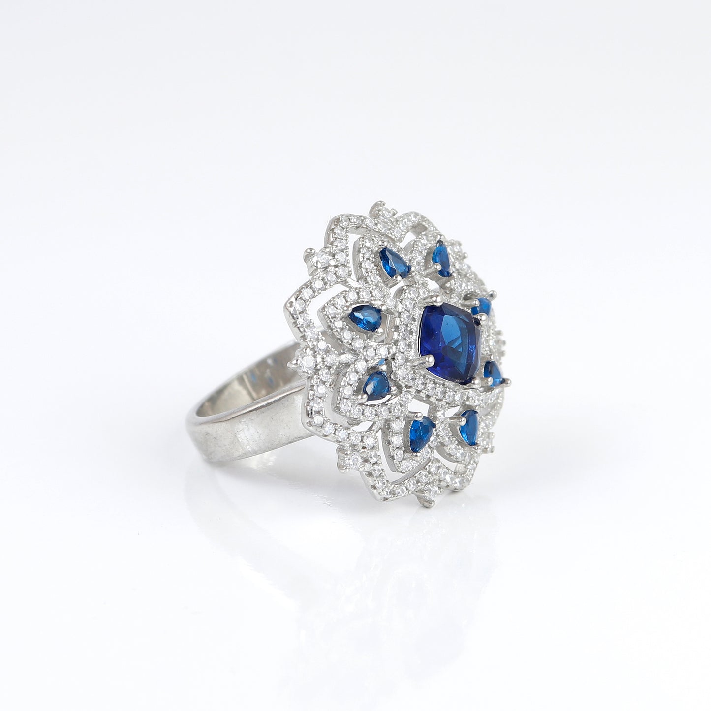 Silver Sapphire Flower Shaped Ring
