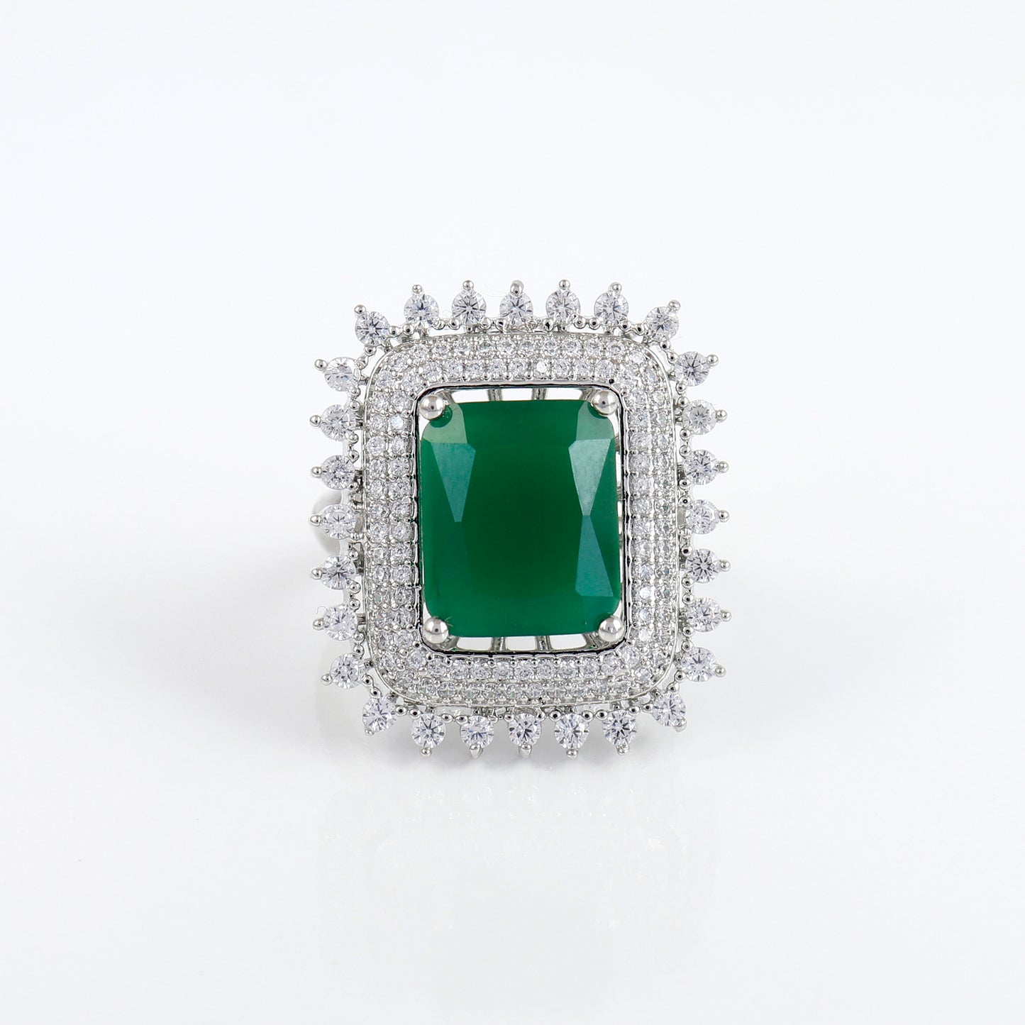 Silver Big Emerald Stone Adjustable Ring