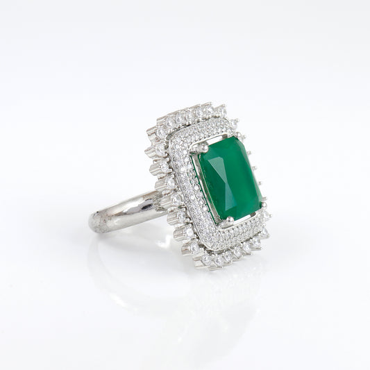 Silver Big Emerald Stone Adjustable Ring