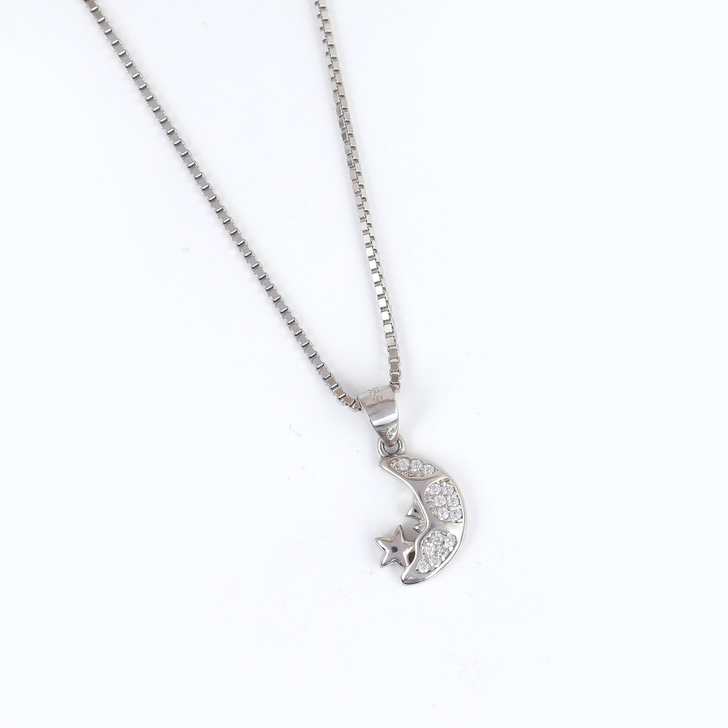 Crescent Moon & Star 925 Sterling Silver Pendant Necklace with CZ