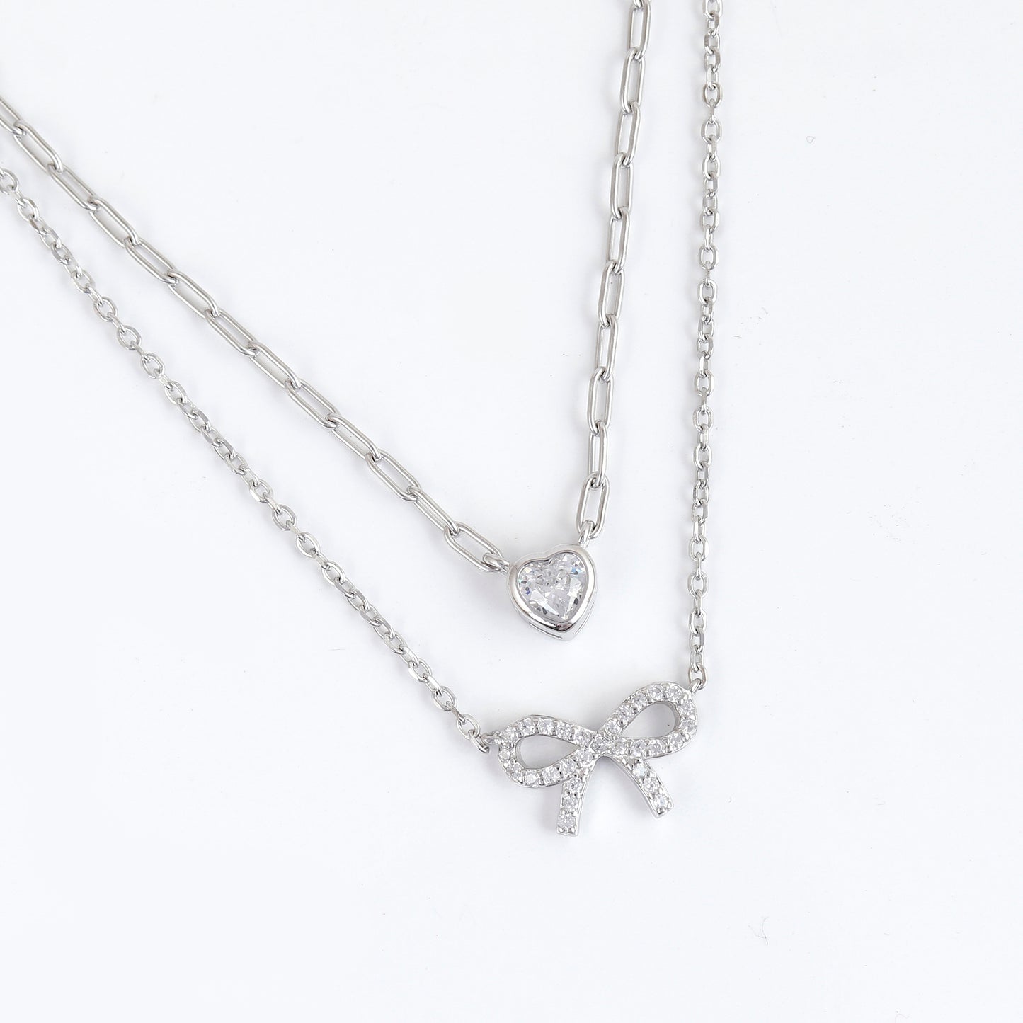 925 Sterling Silver Layered Necklace with Heart & Bow Pendant