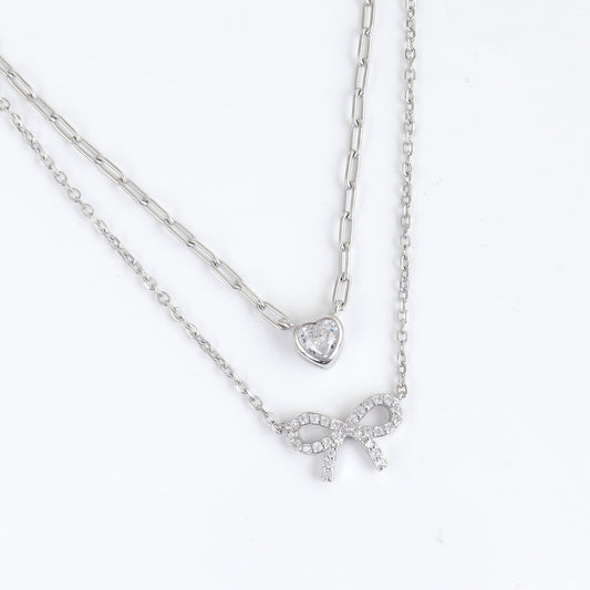 925 Sterling Silver Layered Necklace with Heart & Bow Pendant