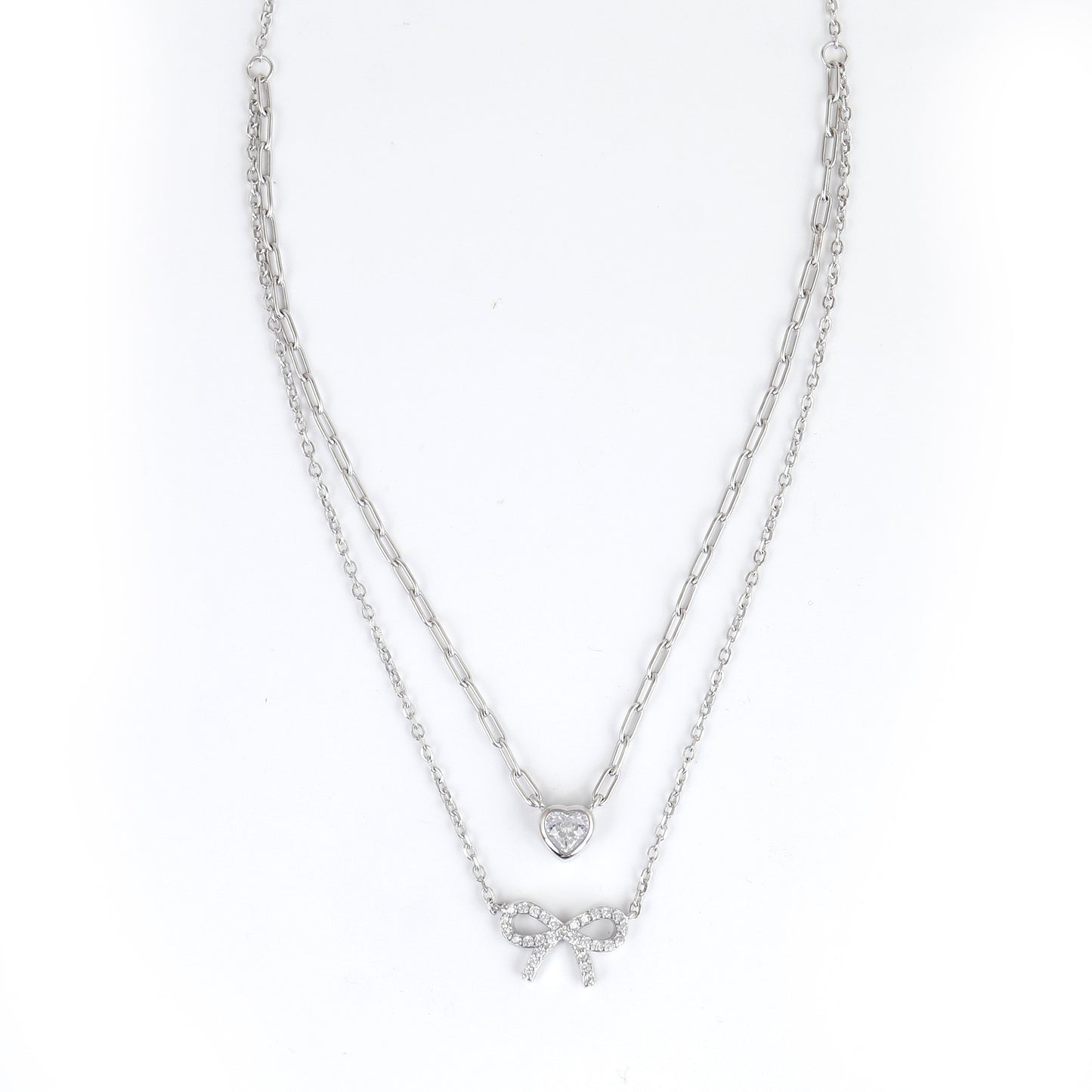 925 Sterling Silver Layered Necklace with Heart & Bow Pendant