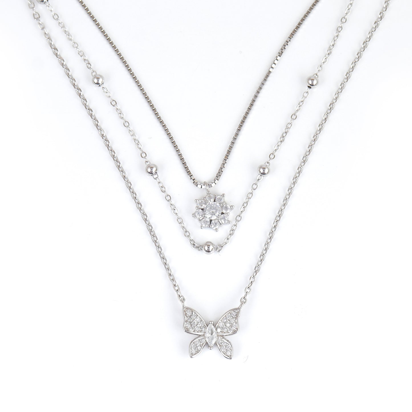 925 Sterling Silver Triple Layered Necklace | Butterfly & Flower CZ Pendant Chain for Women