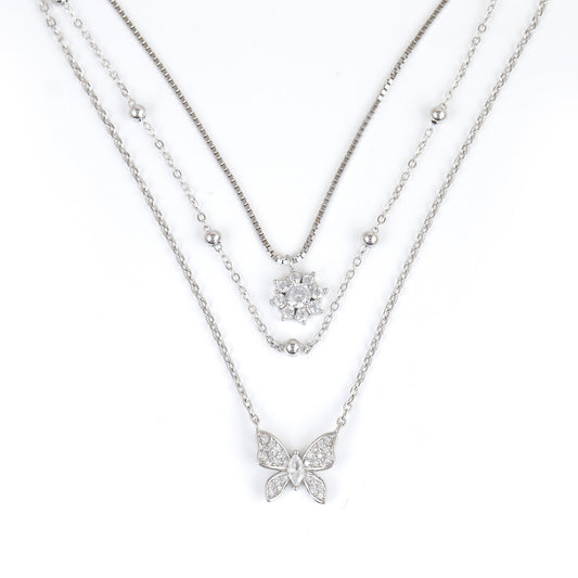 925 Sterling Silver Triple Layered Necklace | Butterfly & Flower CZ Pendant Chain for Women
