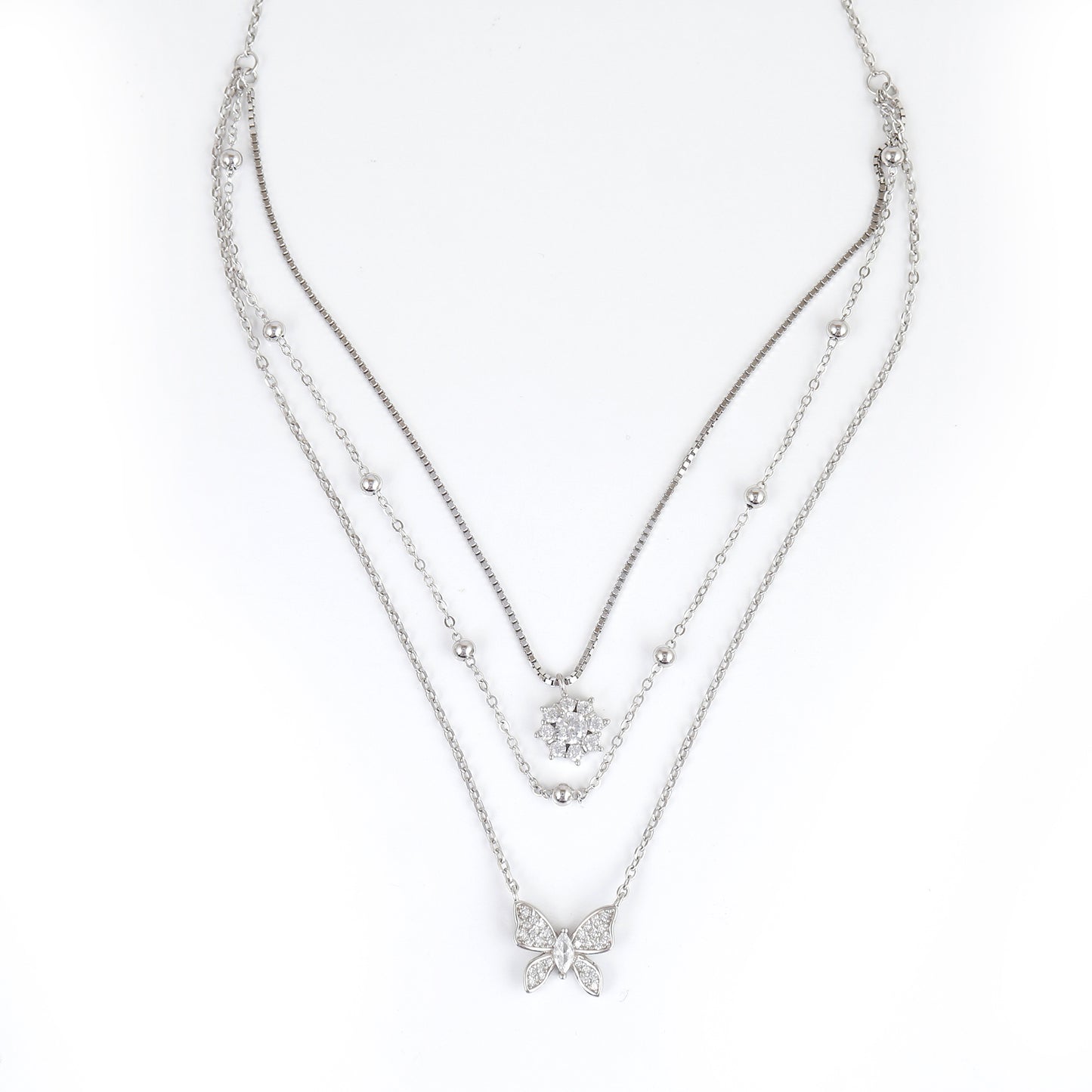 925 Sterling Silver Triple Layered Necklace | Butterfly & Flower CZ Pendant Chain for Women