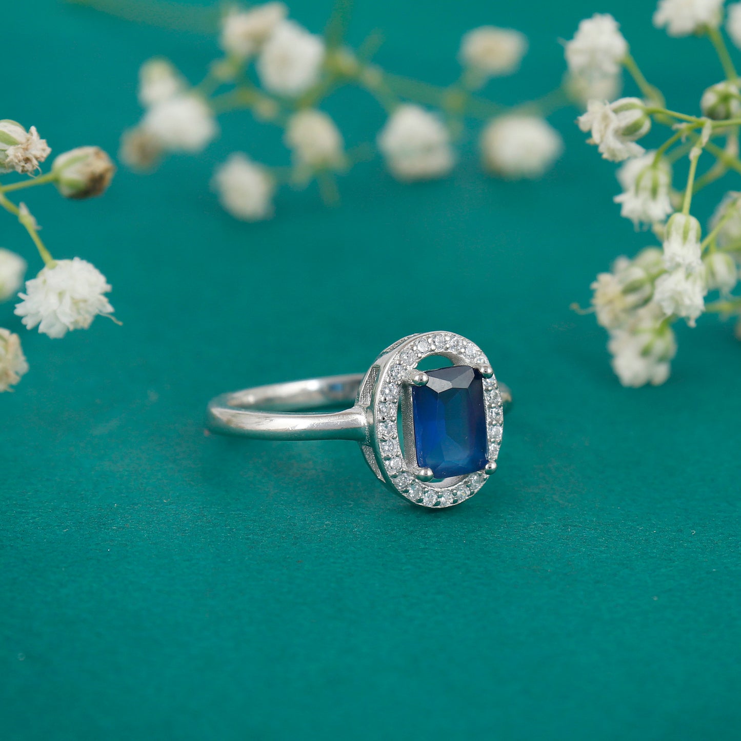 Cushion cut sapphire silver ring