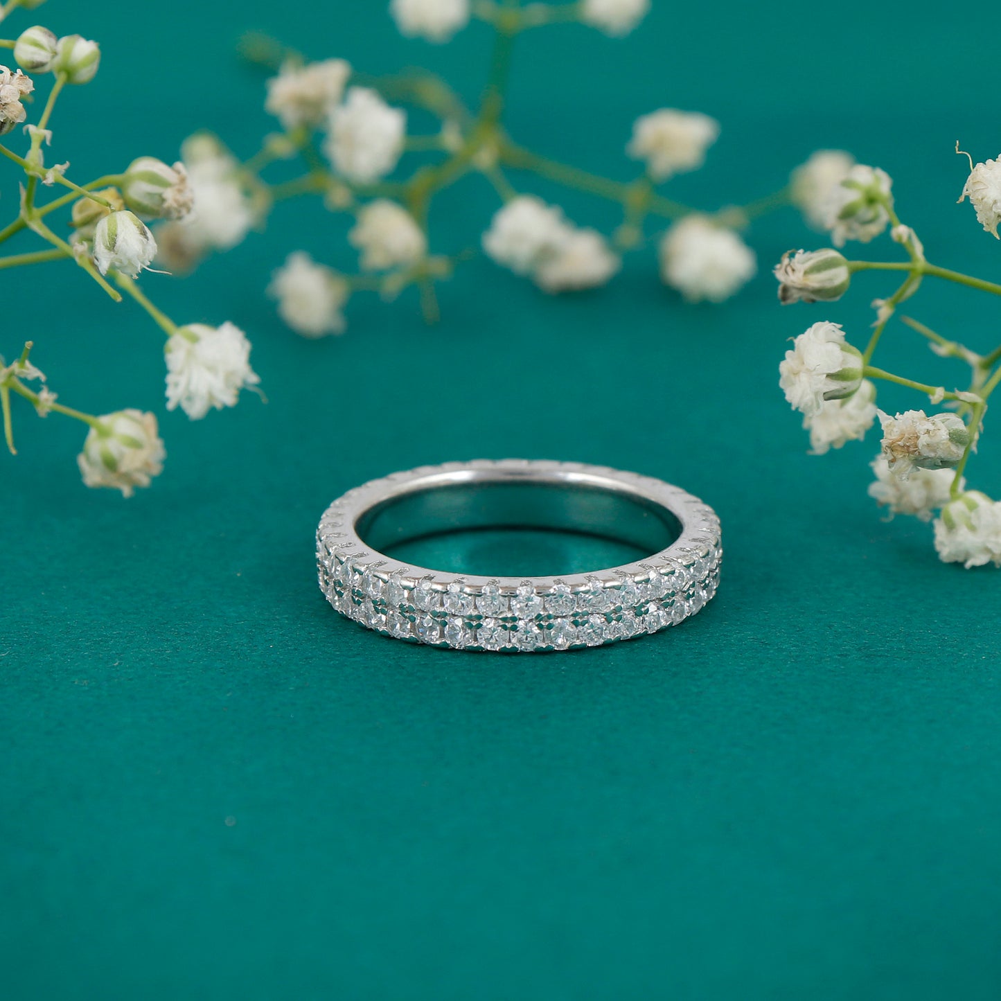 Silver Stone-Studded Double Band Ring