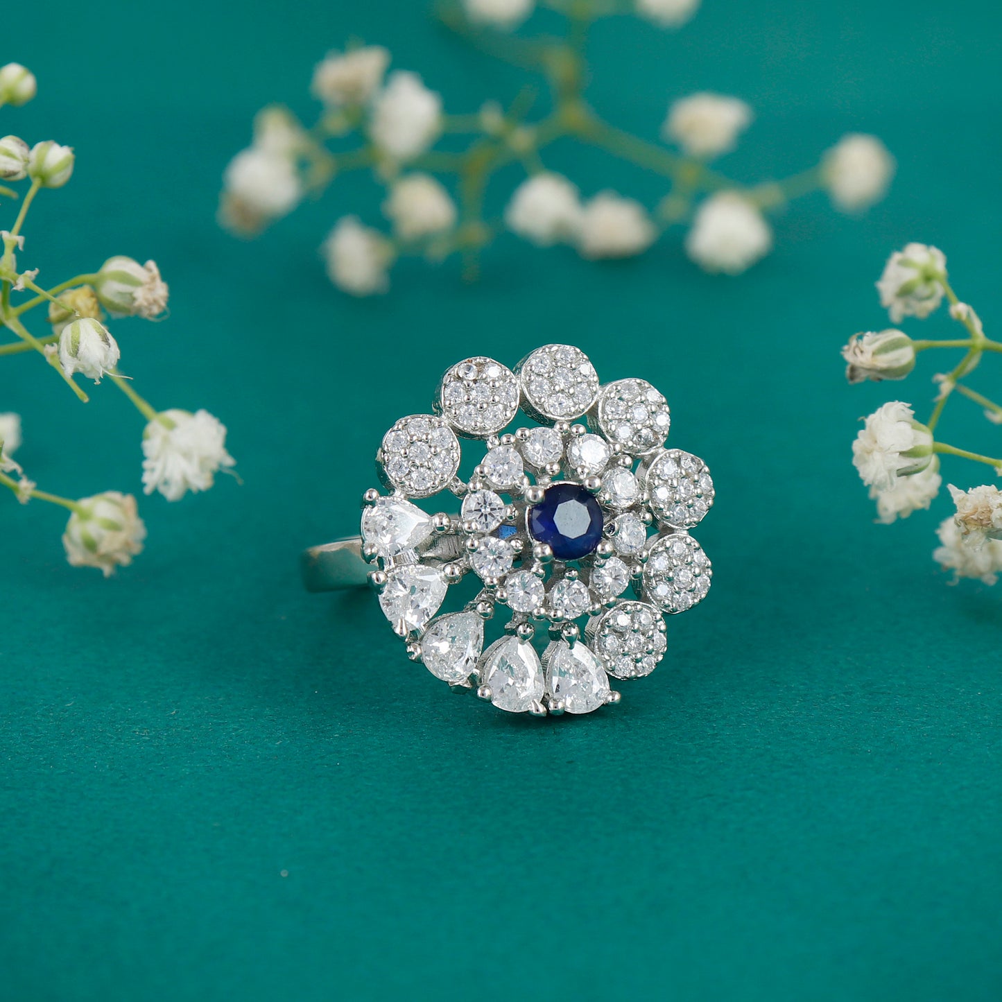 Silver Sapphire Flower Shaped Ring