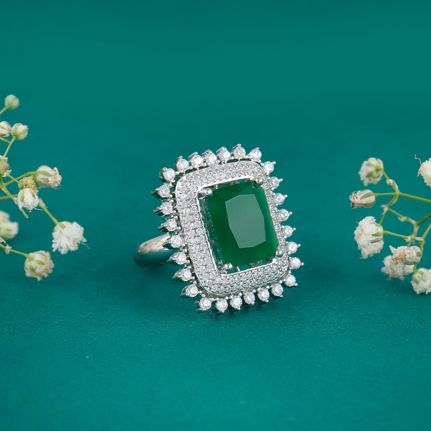 Silver Big Emerald Stone Adjustable Ring