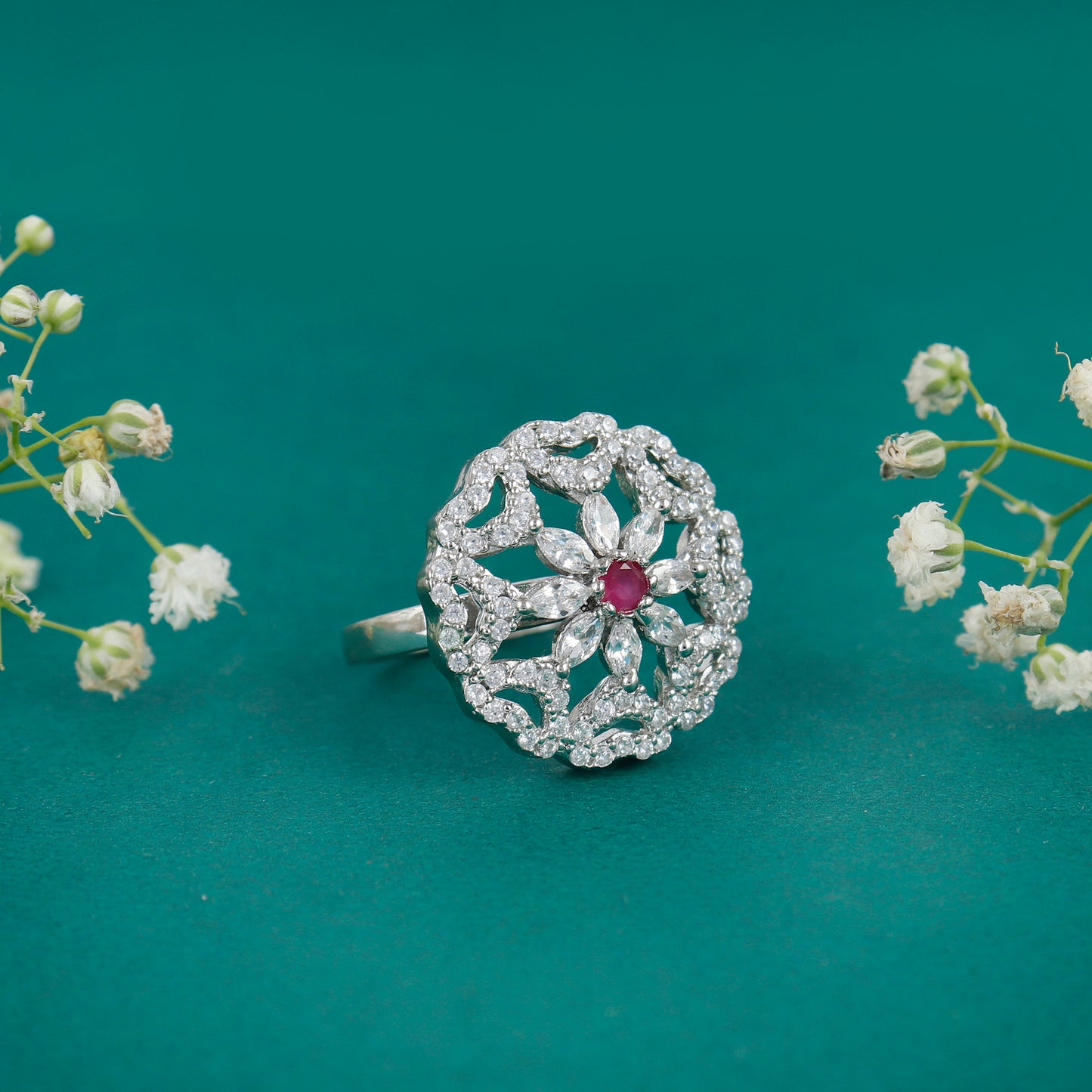 925 Sterling Silver Ruby Flower Ring