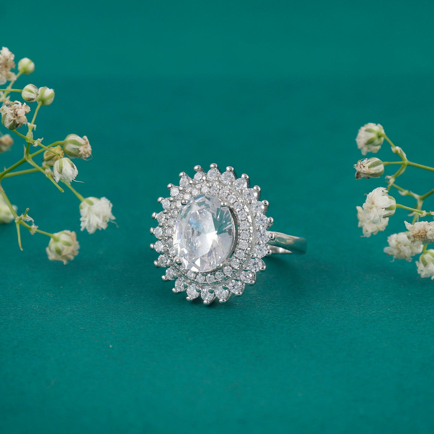 925 Sterling Silver Big Stone Flower Ring
