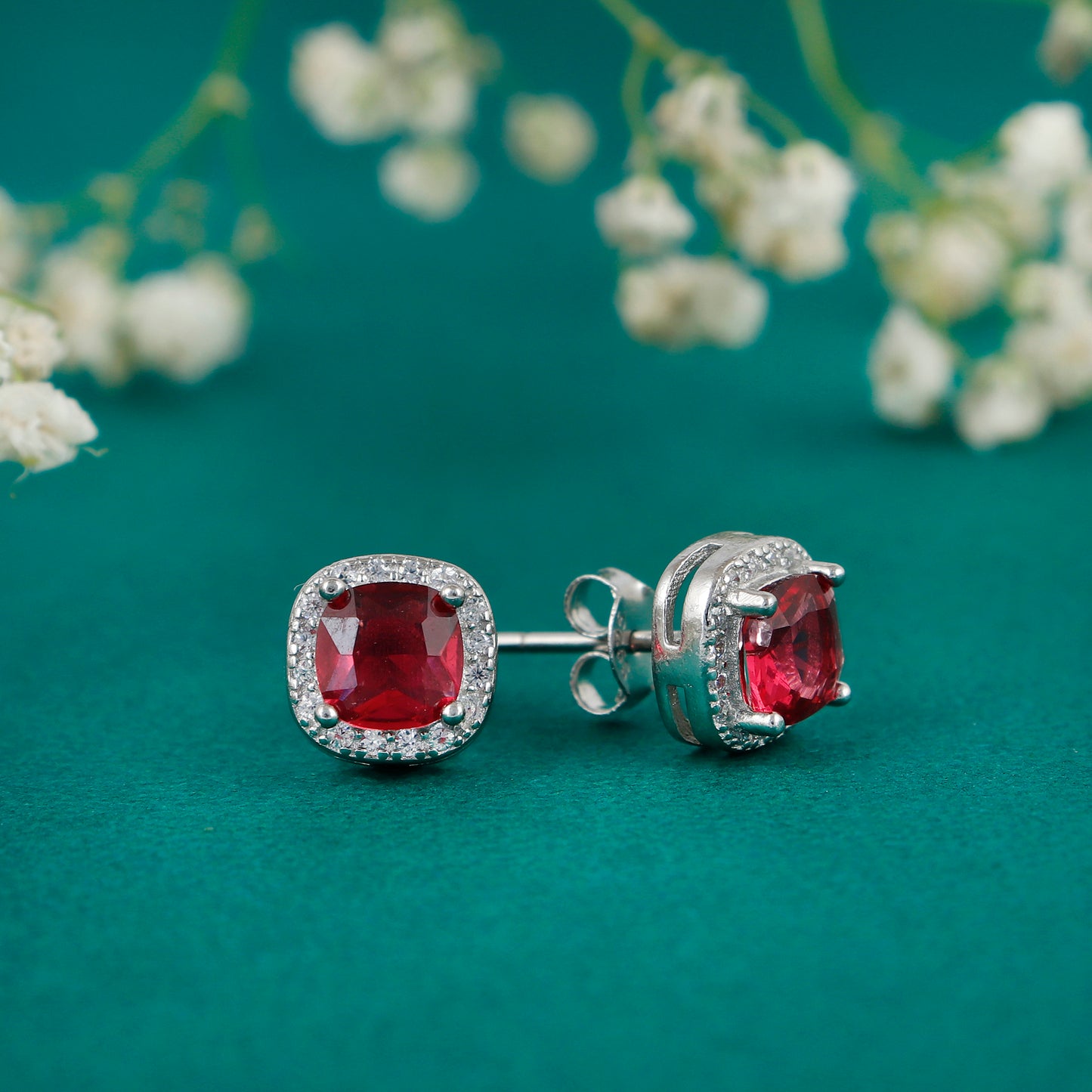 Ruby diamond cut silver earring