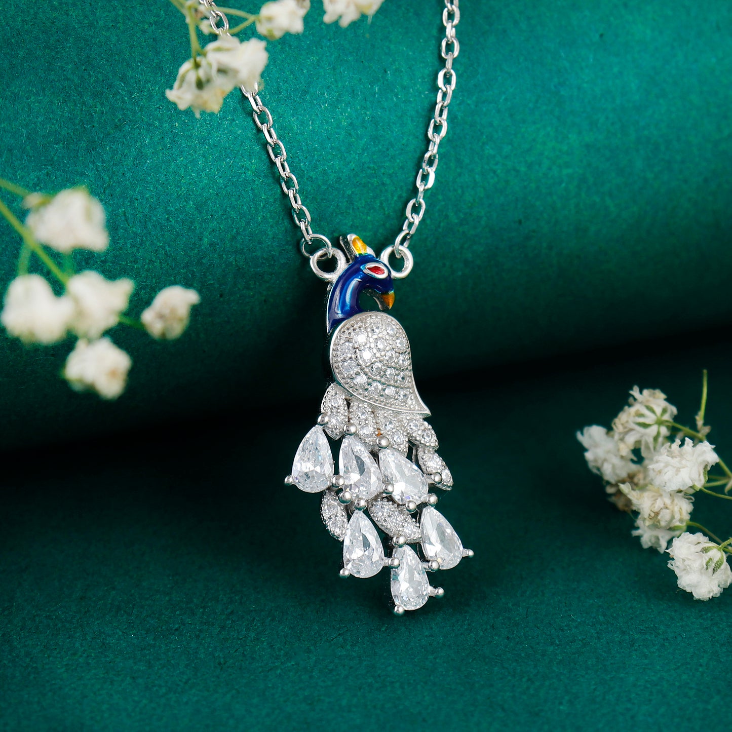Peacock 925 Sterling Silver Pendant Necklace with CZ Stones