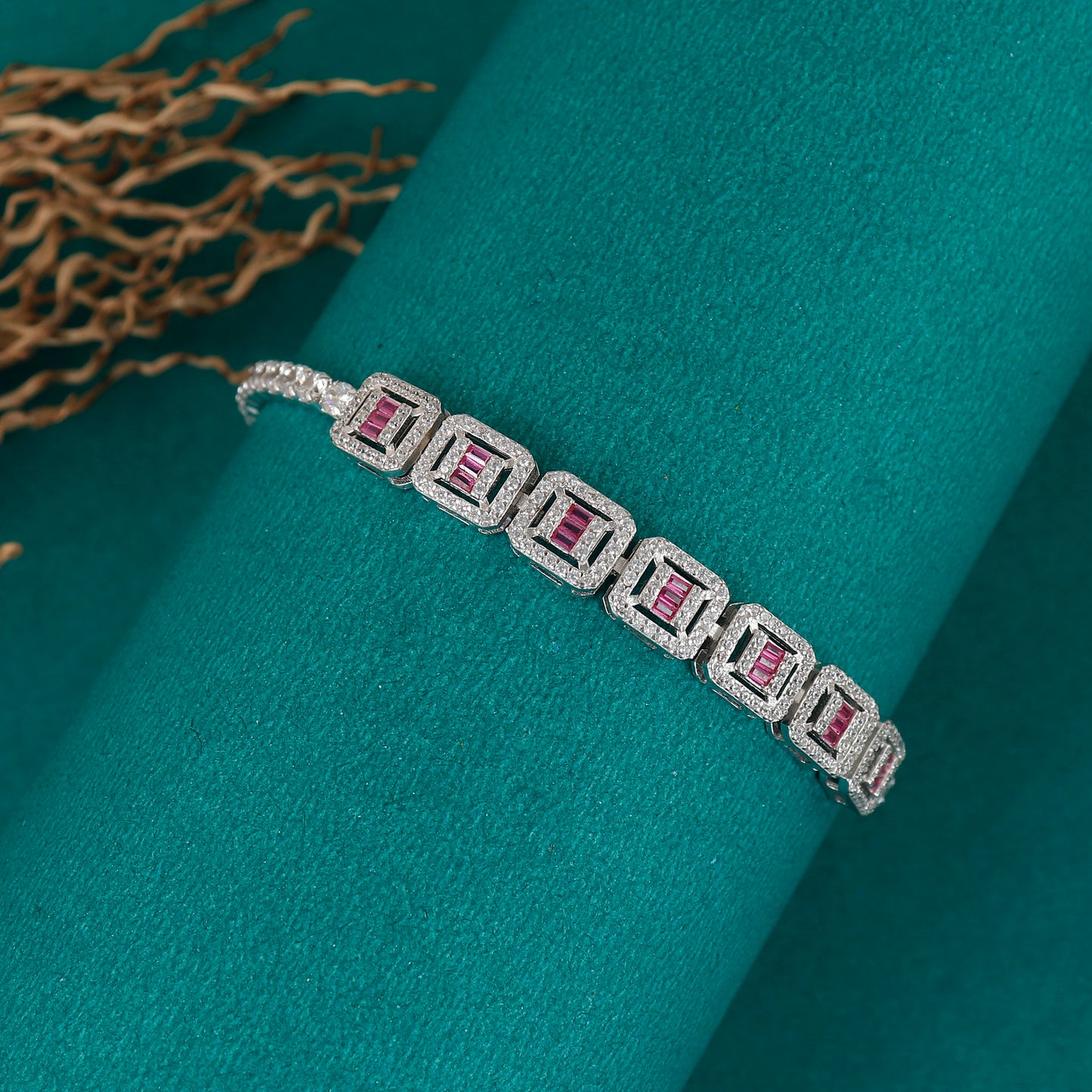 Silver Pink Cut Stone Bracelet